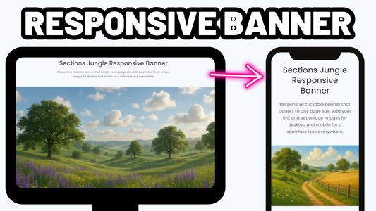 Example of an image banner automatically changing its size between a desktop and a smartphone with the SJ Responsive Banner section from the Sections Jungle app