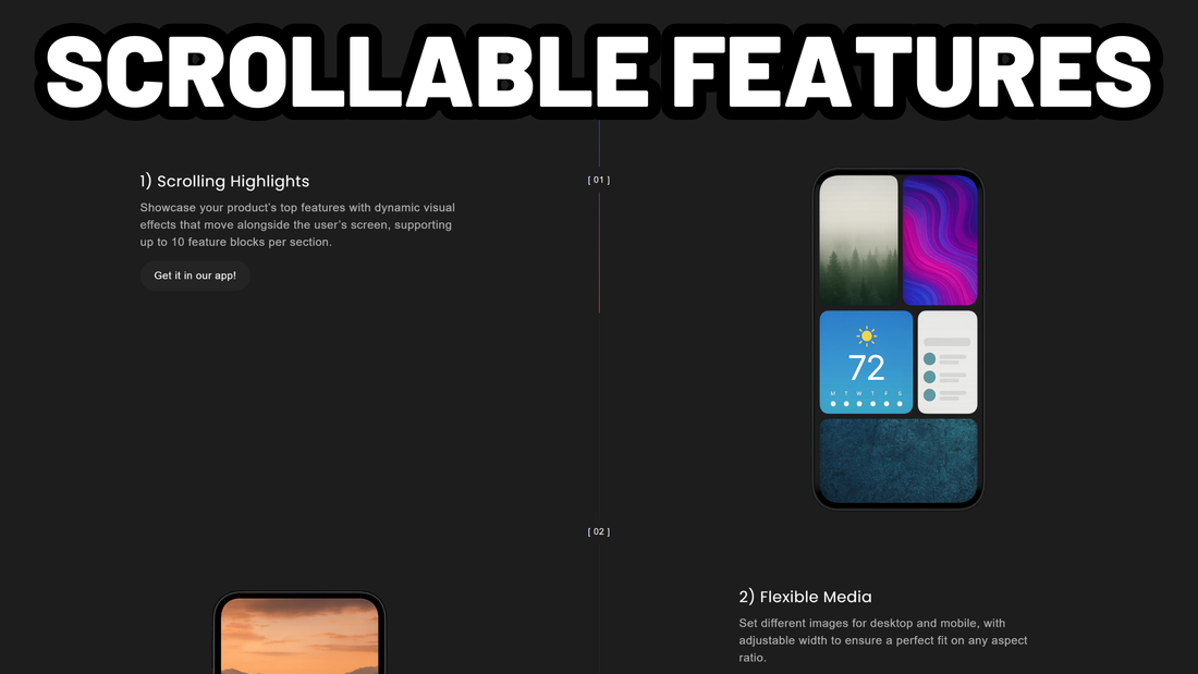 Examples of pictures with accompannying text and an auto scrolling progress bar made with the Scrollable Features section from the Sections Jungle app