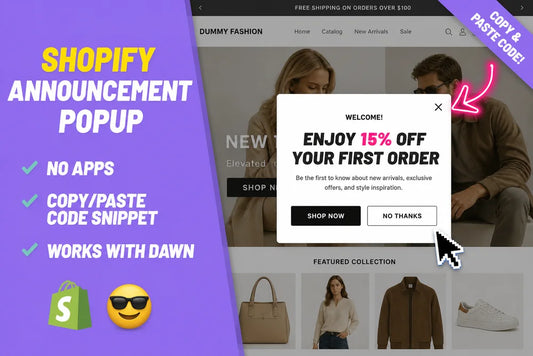 Shopify announcement popup section, no apps, copy paste code