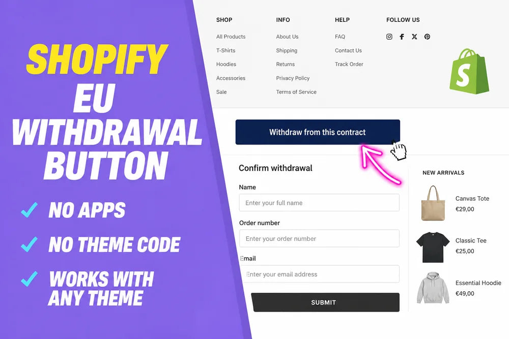 Shopify EU withdrawal button, no apps, no theme code, works with any theme