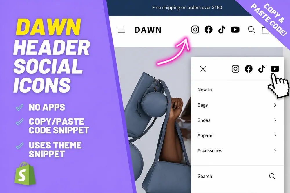 Dawn header social icons, no apps, copy paste code